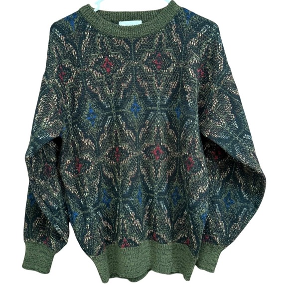 Traditions Geometric Knit Sweater Size M Olive Green Blue Red Vintage Pattern - Picture 1 of 5
